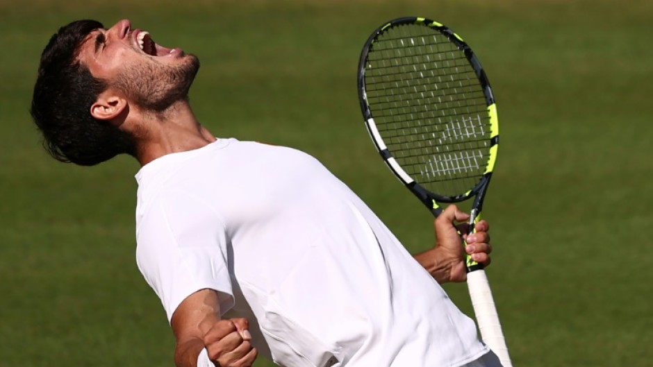 Spain's Carlos Alcaraz celebrates reaching the Wimbledon final