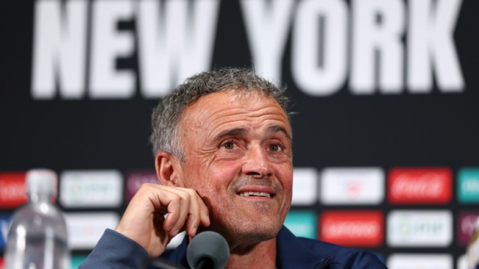 Paris Saint-Germain coach Luis Enrique speaks to media at a press conference at MetLife Stadium on Friday