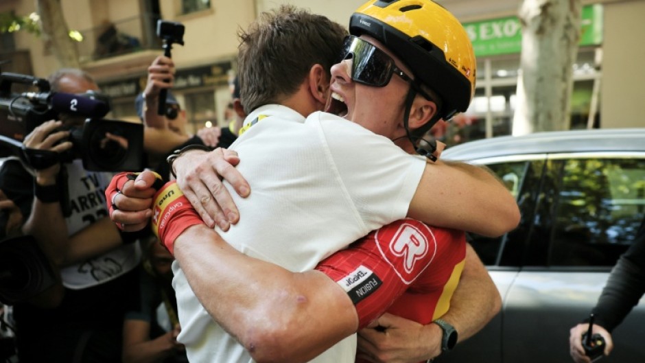 Norwegian rider Jonas Abrahamsen celebrates after winning the 11th stage of the Tour de France