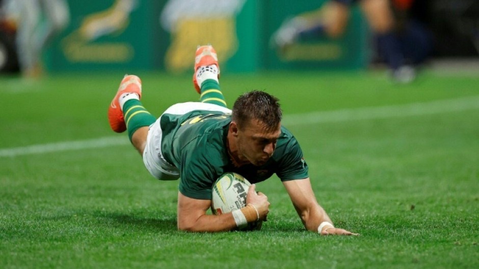 South Africa fly-half Handre Pollard scores a try against Georgia in Mbombela