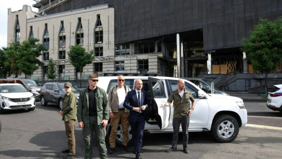 French Foreign Minister Jean-Noel Barrot on a visit to Kyiv toured a metro station damaged following a Russian attack