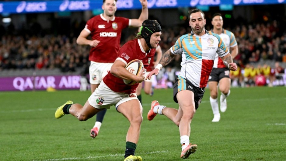 British and Irish Lions' Darcy Graham (C) scored a try then went off injured against a First Nations and Pasifika XV