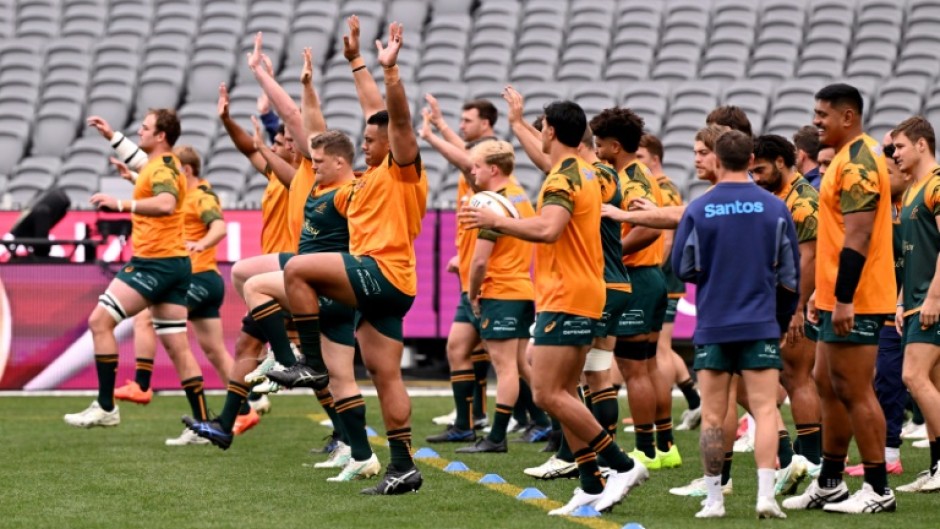 Wallabies players stretch during a training session ahead of the second Test against the British and Irish Lions