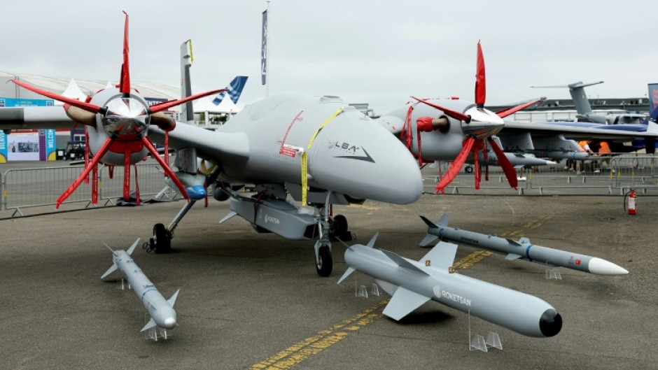 This photograph shows a Turkish Bayraktar Akinci drone aircraft at a Paris airport on June 15, 2025
