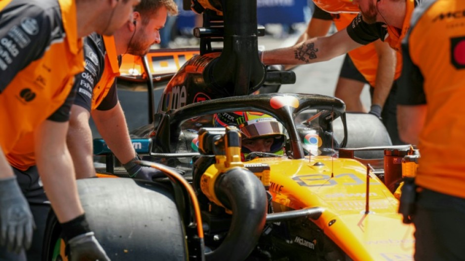 McLaren's Australian driver Oscar Piastri makes a pit stop in the first practice session ahead of the Formula One Belgian Grand Prix at the Spa-Francorchamps circuit