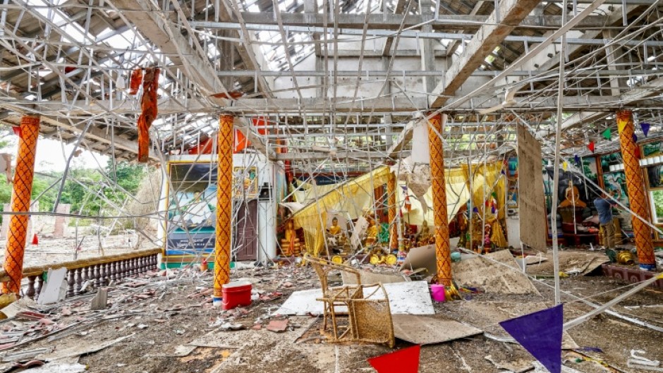 A pagoda damaged by Thai artillery in Oddar Meanchey province, Cambodia