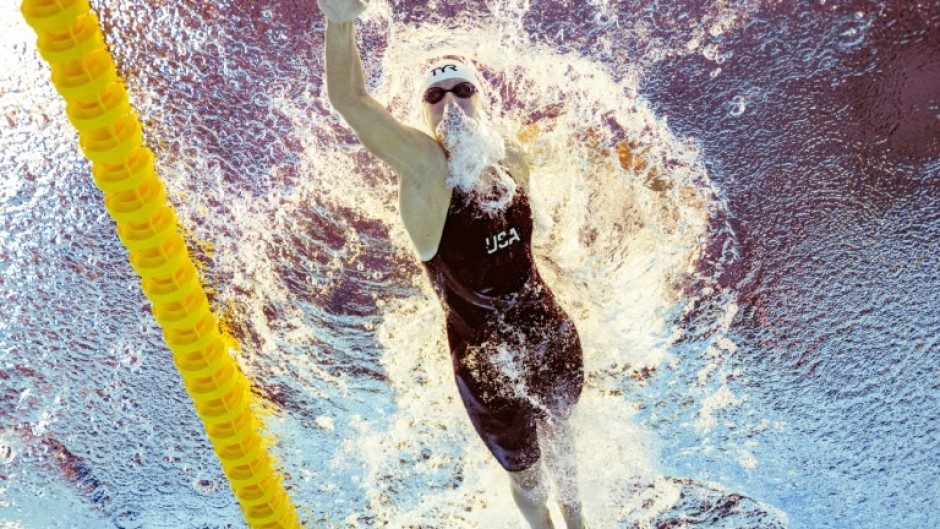 Katie Ledecky competes in a heat of the women's 1500m freestyle swimming event during the 2025 World Aquatics Championships in Singapore