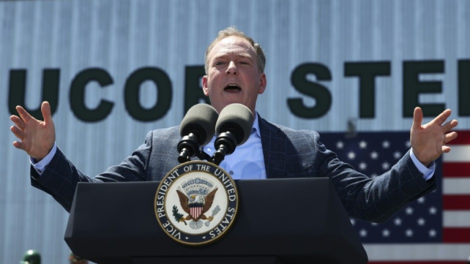 Environmental Protection Agency (EPA) Administrator Lee Zeldin speaks, as he tours Nucor Steel Berkeley with US Vice President JD Vance, in Huger, South Carolina, on May 1, 2025