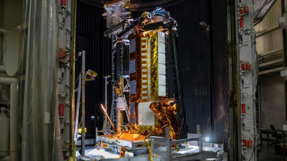 This NASA image obtained on July 29, 2025 shows part of the NASA-ISRO Synthetic Aperture Radar (NISAR) satellite, which was designed to track subtle changes in Earth's land and ice surfaces