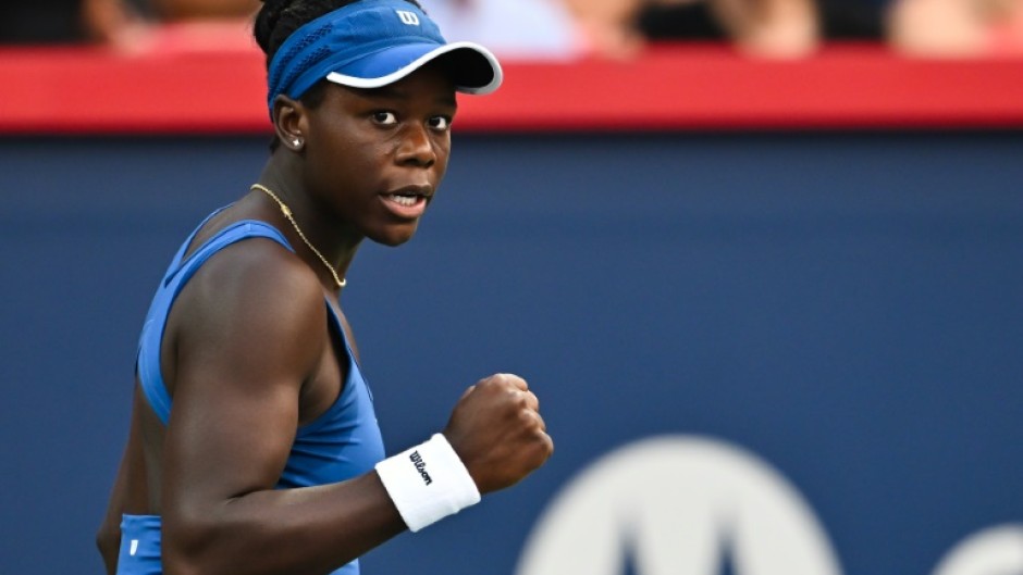 Canadian Victoria Mboko celebrates a point during her upset win over top-seeded American Coco Gauff at the WTA Canadian Open in Montreal