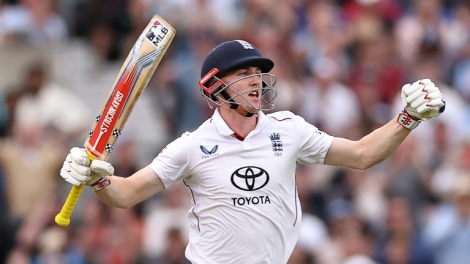 England's Harry Brook celebrates his century in the fifth Test against India at the Oval
