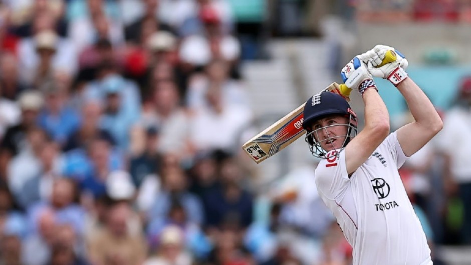 England's Harry Brook drives in the fifth Test against India at the Oval