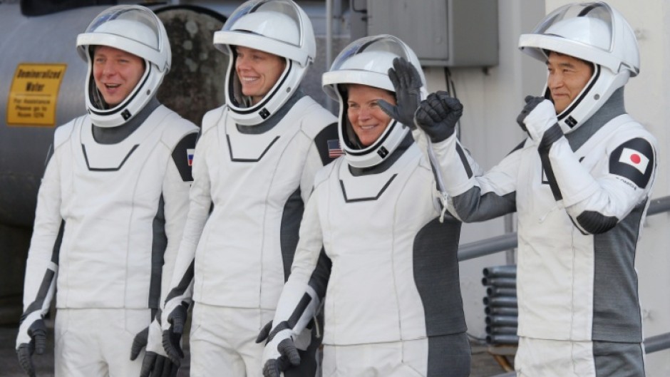 The Crew-10 astronauts pictured in March before they blasted off for the space station