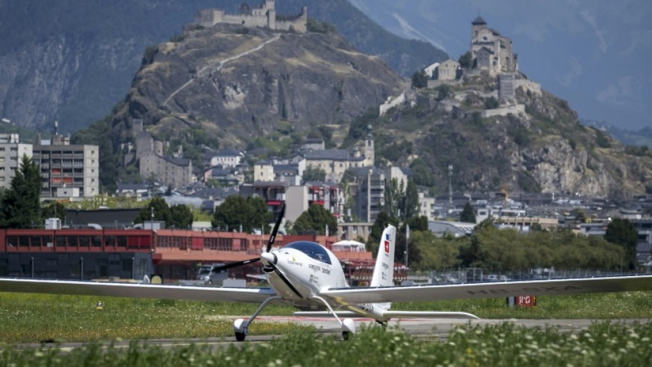The record attempt is being done from Sion airport in the Rhone river valley in southwestern Switzerland