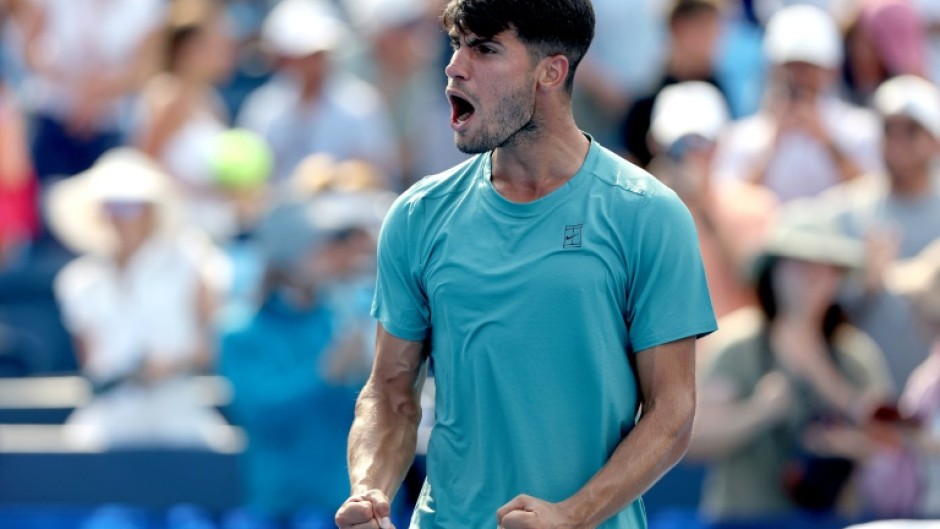 Spain's Carlos Alcaraz celebrates his win over Bosnian Damir Dzumhur at the ATP-WTA Cincinnati Open
