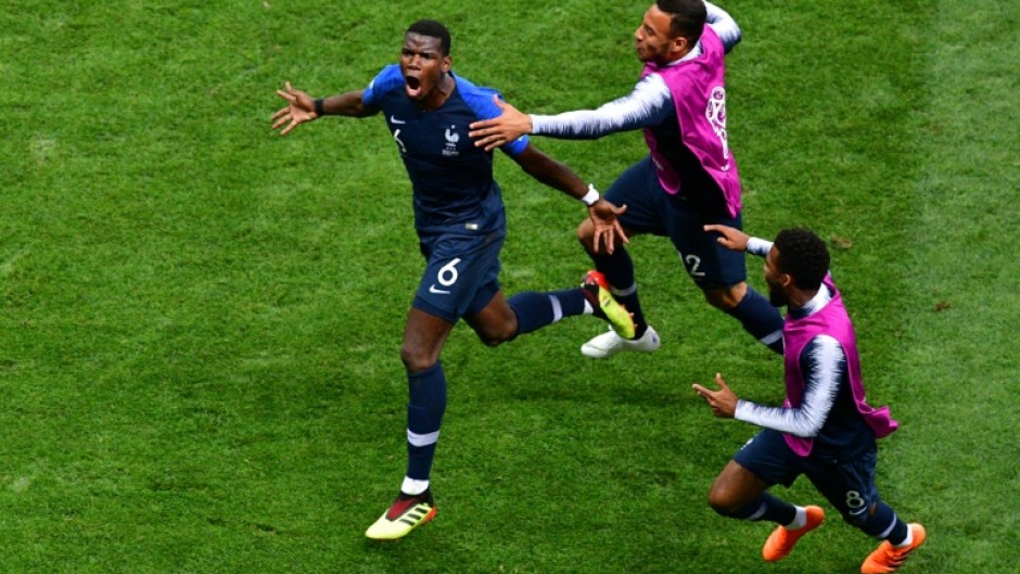 Paul Pogba celebrates scoring in the 2018 World Cup final in Moscow on July 15, 2018