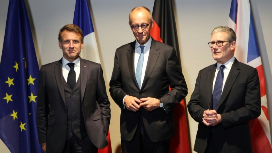 France's President Emmanuel Macron (L), Germany's Chancellor Friedrich Merz and Britain's Prime Minister Keir Starmer are due to hold a video call on Ukraine