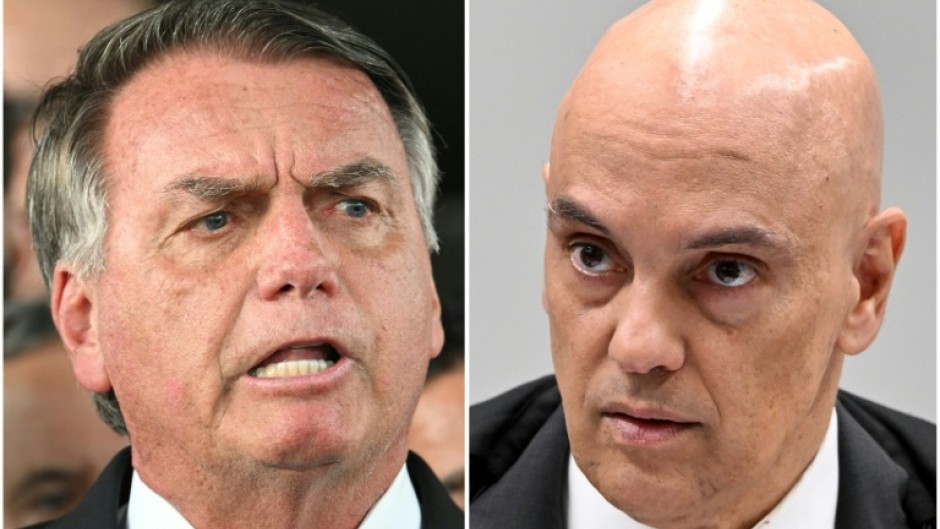 Former Brazil far-right president Jair Bolsonaro (L) is accused of plotting a coup in a trial overseen by Supreme Court judge Alexandre de Moraes (R)