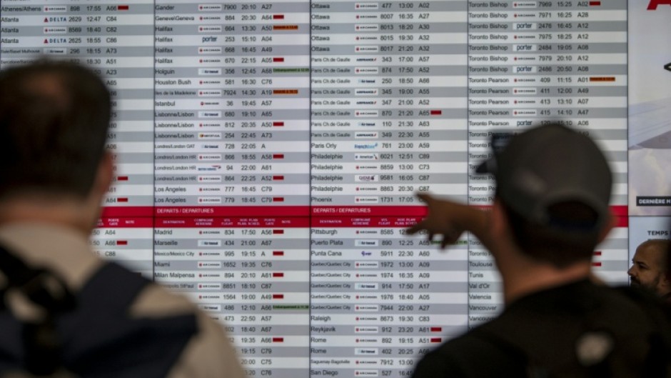 A flight board after canceled flights in Montreal