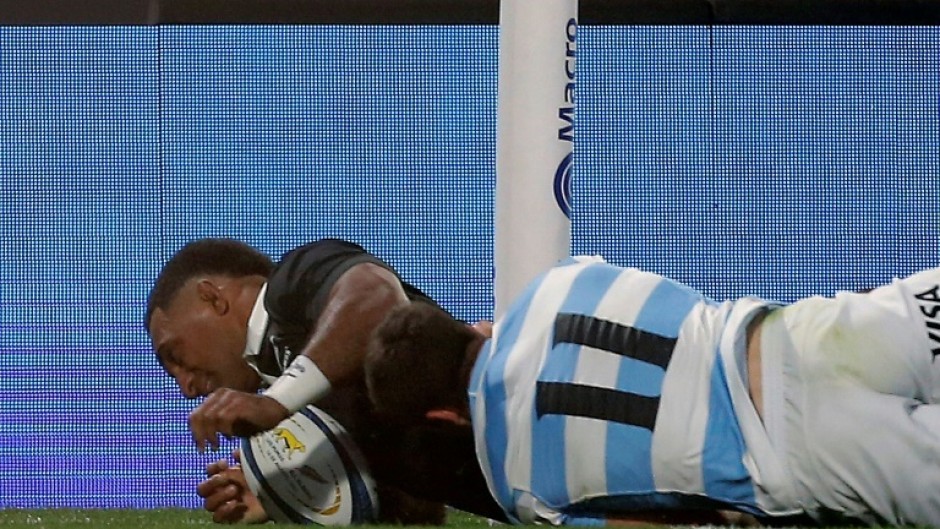 New Zealand All Blacks wingerSevu Reece scores a try in a victory over Argentina in the 2025 Rugby Championship