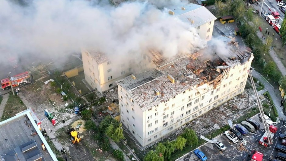 The attack reduced part of the building in Kharkiv to rubble