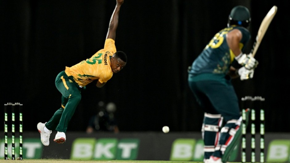 Rabada bowling against Australian Tim David in the first T20 international in Darwin on August 10