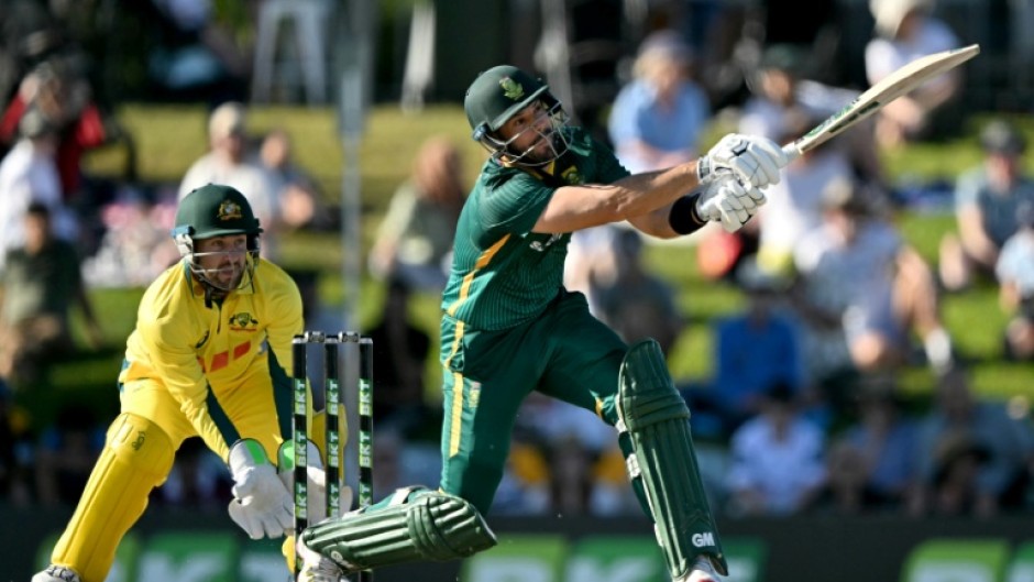 Aiden Markram hits out on his way to a top score of 82 for South Africa against Australia in the first one-day international at Cazaly's Stadium in Cairns. Josh Inglis is the wicketkeeper