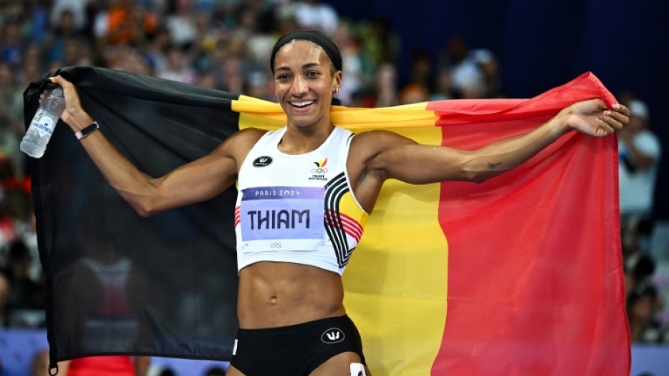Belgium's Nafissatou Thiam celebrates after winning the Paris Olympics heptathlon