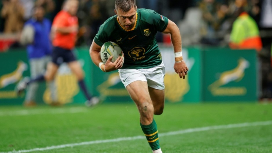 South Africa fly-half Handre Pollard scores against Georgia in a warm-up match for the 2025 Rugby Championship.