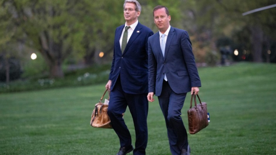 Sergio Gor (right), who has been tapped a the next US ambassador to India, walks with Treasury Secretary Scott Bessent on the White House lawn after a trip with President Donald Trump in April 2025