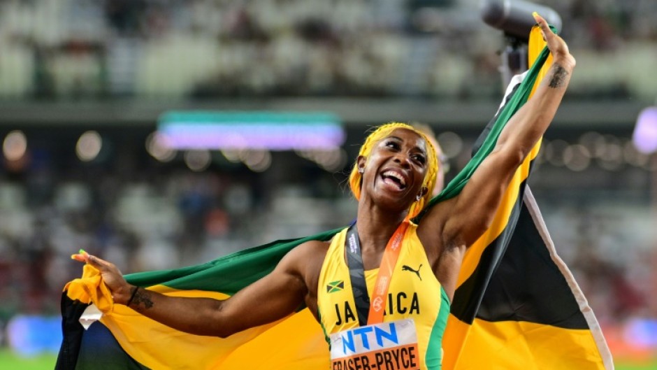 Jamaica's Shelly-Ann Fraser-Pryce celebrates after finishing third in the 100m at the 2023 worlds in Budapest