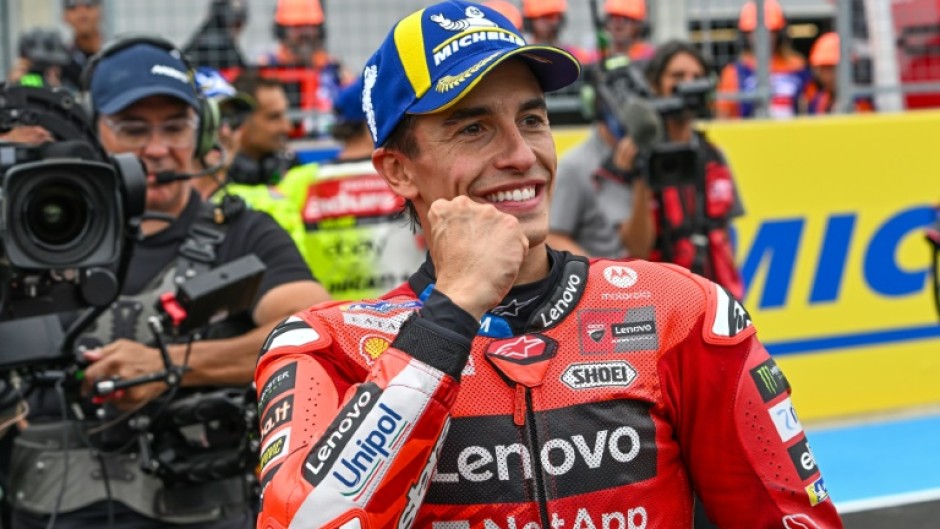 Marc Marquez celebrates his victory after the Sprint race at the Hungarian MotoGP