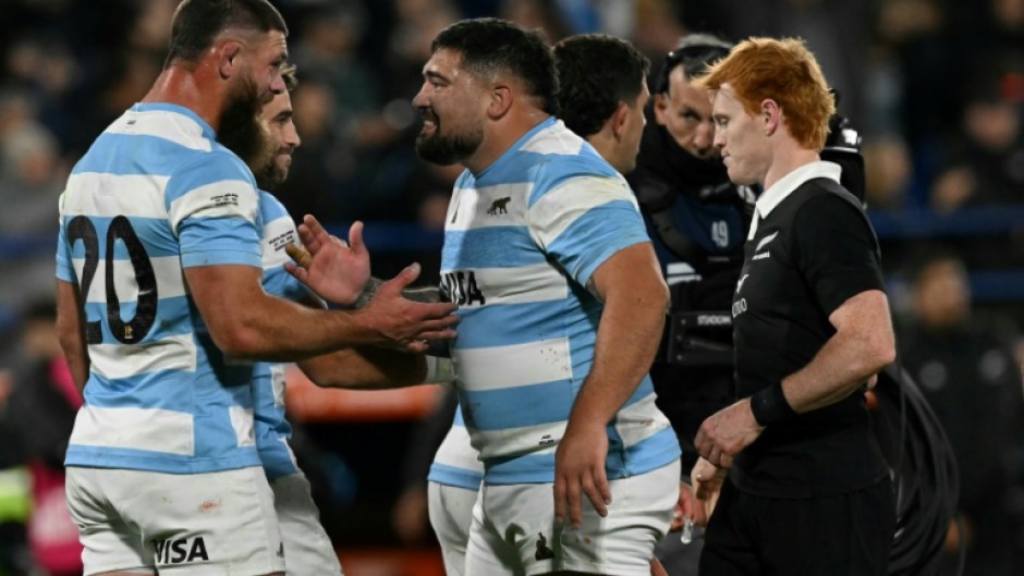 Argentina flanker Marcos Kremer celebrates with teammate Joel Sclavi after a Rugby Championship 2025 victory over New Zealand in Argentina