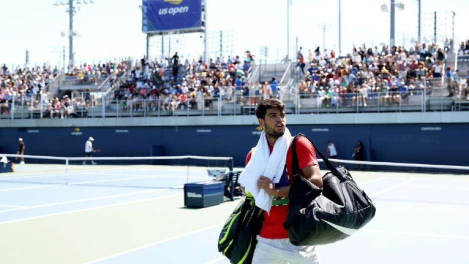 Carlos Alcaraz finishes a practice session ahead of the US Open first round