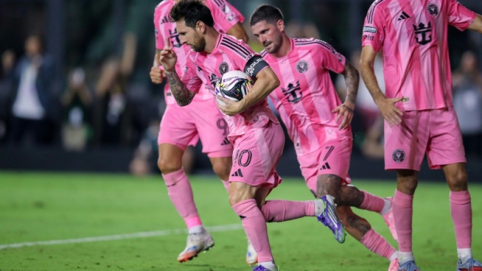 Inter Miami star Lionel Messi celebrates after converting a penalty in a Leagues Cup semi-final victory over Orlando City
