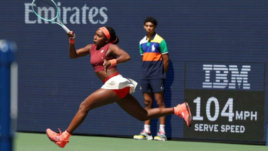USA's Coco Gauff stretches to make a return in her US Open third round win over Poland's Magdalena Frech