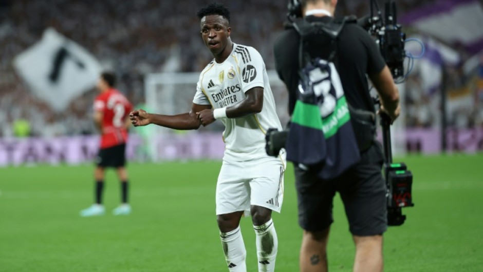 Vinicius Junior celebrates scoring Real Madrid's second goal in the win over Real Mallorca on Saturday in La Liga