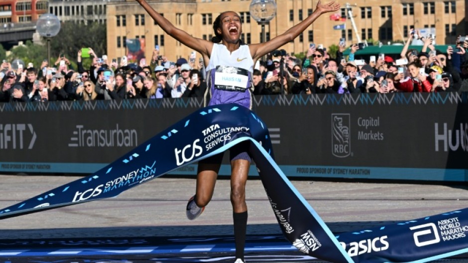 Netherlands's Sifan Hassan crosses the finish line first in the 2025 Sydney Marathon