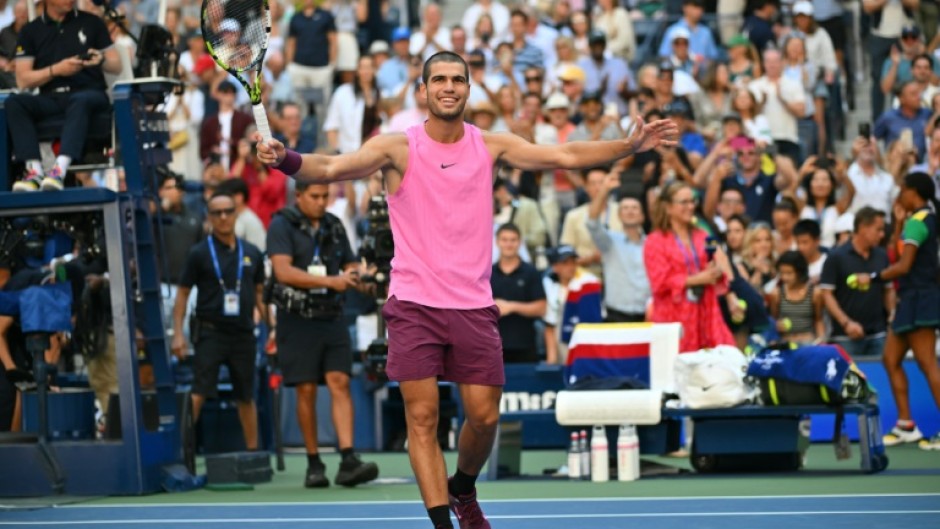 Carlos Alcaraz celebrates his fourth round defeat of France’s Arthur Rinderknech at the US Open