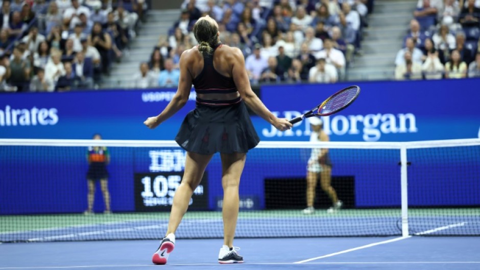 Belarus's Aryna Sabalenka roars her delight after clinching victory over Jessica Pegula to return to the US Open final