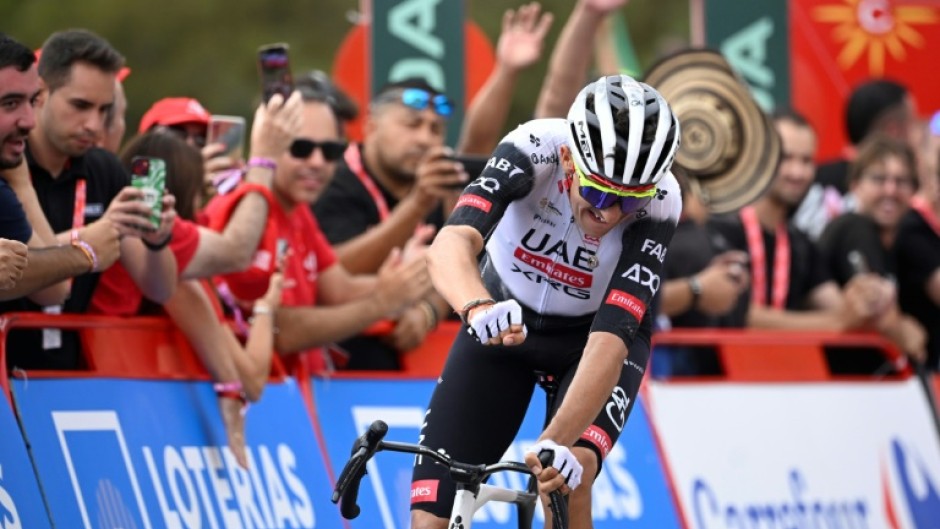 Marc Soler crosses the line to win the 14th stage of the Vuelta a Espana at La Farrapona.