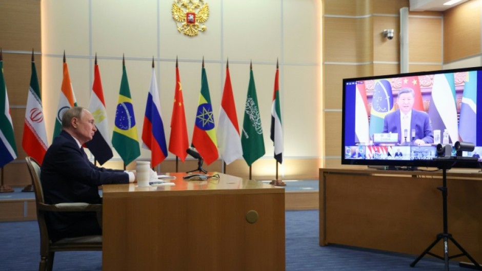 Russian President Vladimir Putin attends an extraordinary virtual summit of the BRICS group of nations