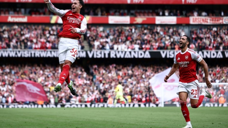 Arsenal's Martin Zubimendi (L) celebrates scoring against Nottingham Forest