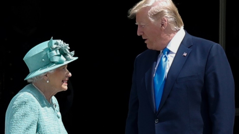 Britain's Queen Elizabeth II (L) speaks with US President Donald Trump during his 2019 UK state visit