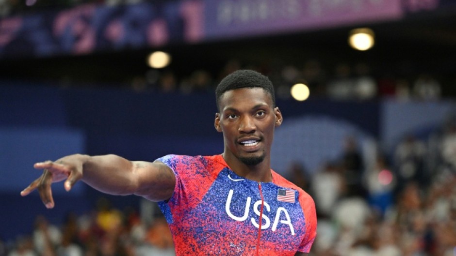 American Fred Kerley celebrates after winning 100m bronze at the 2024 Paris Olympics