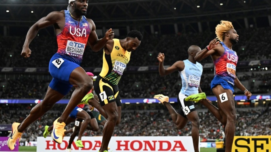 Noah Lyles crosses the line to win the men's 200 metres final at the world championships