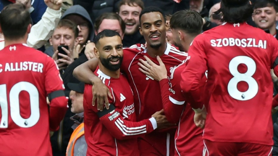 Liverpool celebrate Ryan Gravenberch's opening goal in their 2-1 win against Everton