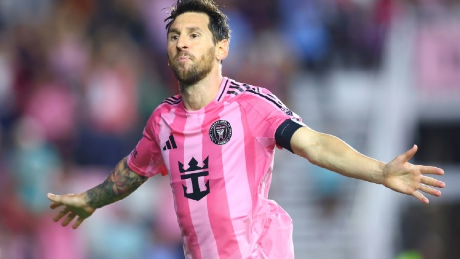 Inter Miami's Argentine superstar Lionel Messi celebrates a goal in Inter's 3-2 MLS victory over DC United