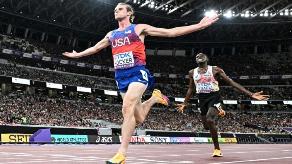 USA's Cole Hocker crosses the finish line ahead of Belgium's Isaac Kimeli