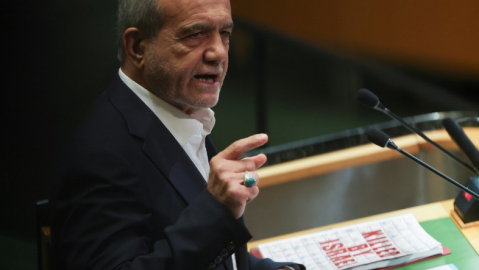 Iranian President Masoud Pezeshkian speaks during the General Debate of the United Nations General Assembly